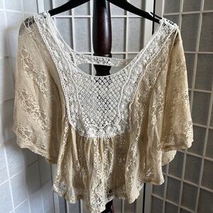 Staring at Stars Cream Lace Crochet Yoke Peasant Top